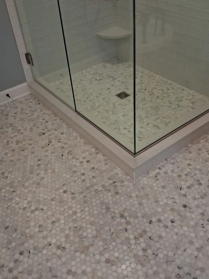 Pebble mosaic tile floor extending into a frameless glass corner shower